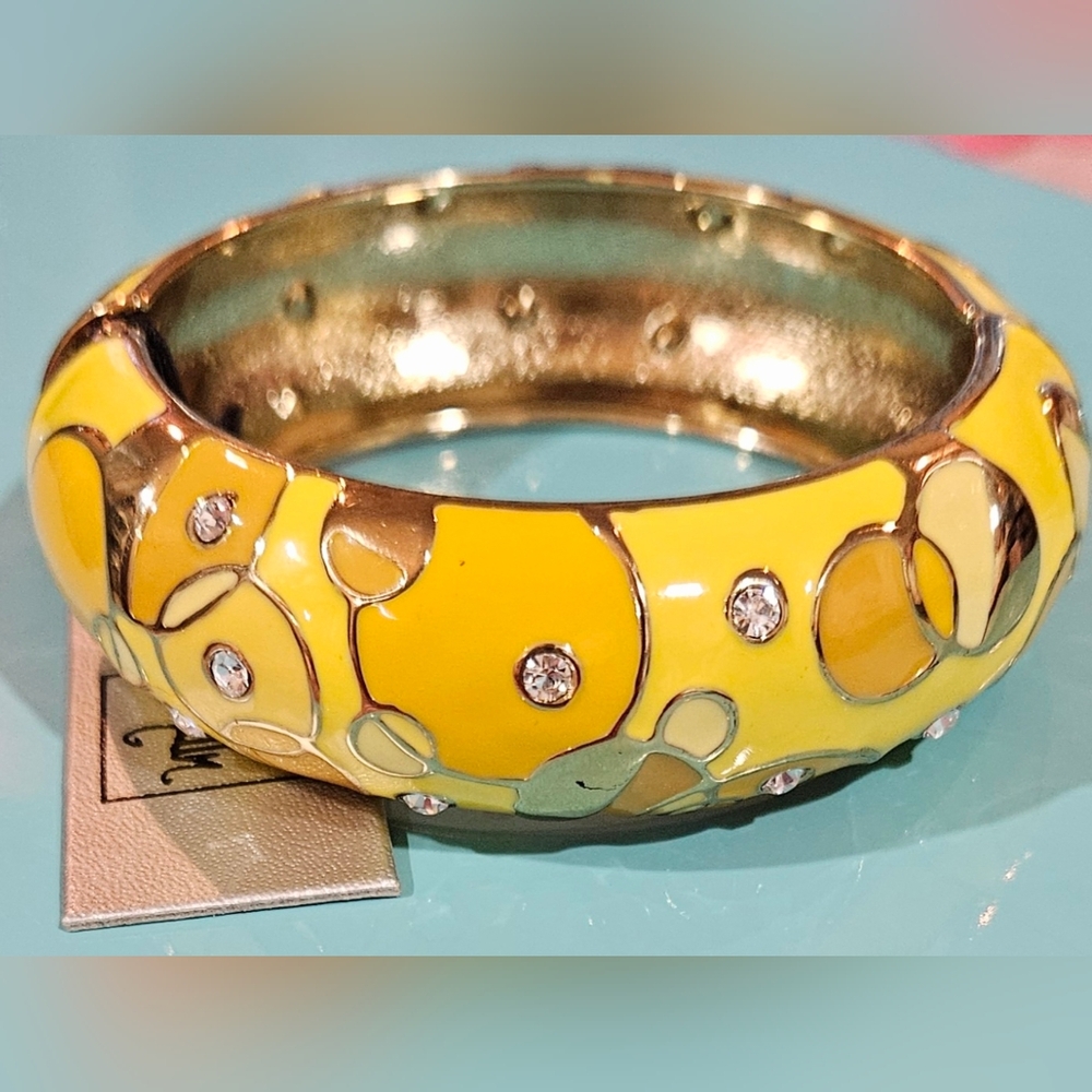 Nordstrom Sequin Yellow Enamel Crystals Gold Tone Statement Bangle Bracelet NWT‎
